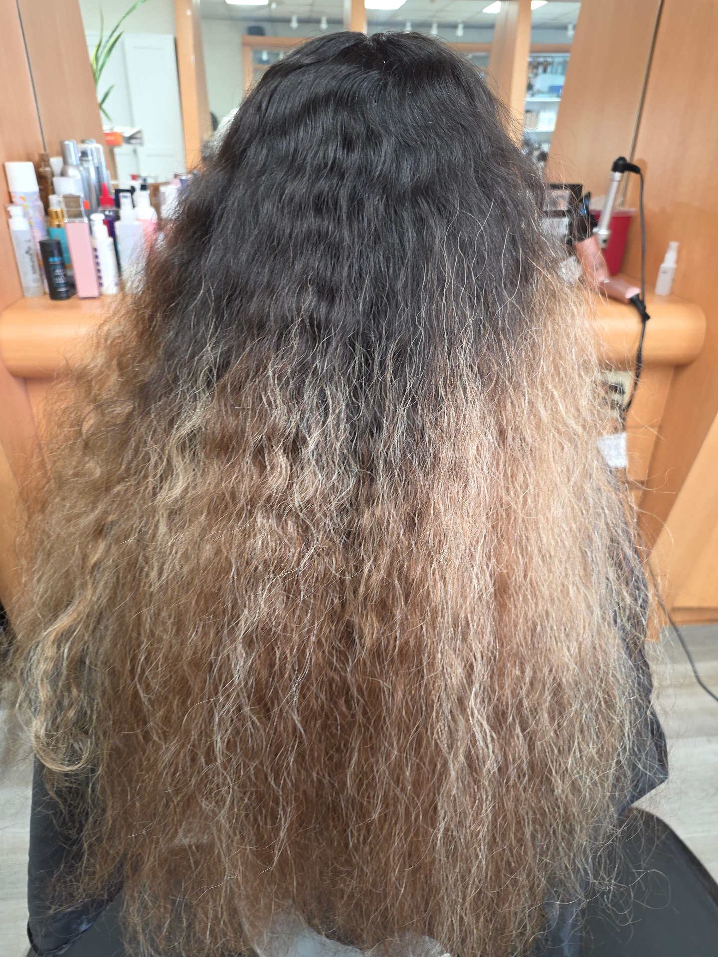 Before photo of dark roots and dry lightened ends before salon transformation